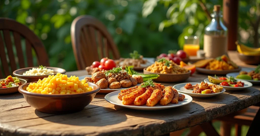 Mesa de madeira com pratos típicos de Mato Grosso do Sul, como chipa, picanha grelhada e salada de frutas.