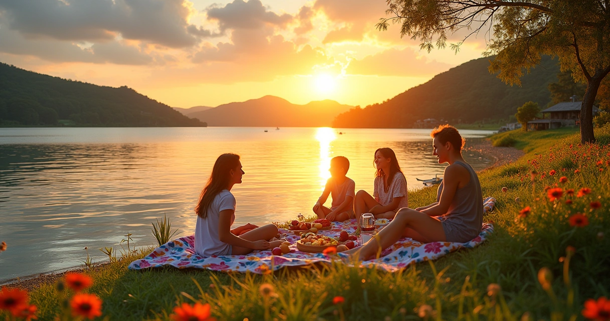 Cena de pôr do sol em Três Lagoas com família fazendo piquenique à beira do lago.