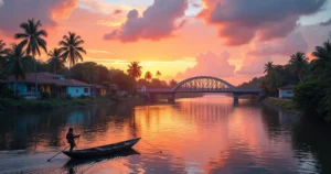 Vista do pôr do sol em Três Lagoas, com o rio Paraná, casas coloridas e um pescador no barco.