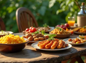 Mesa de madeira com pratos típicos de Mato Grosso do Sul, como chipa, picanha grelhada e salada de frutas.