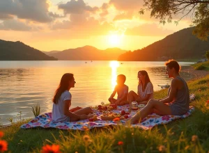 Cena de pôr do sol em Três Lagoas com família fazendo piquenique à beira do lago.